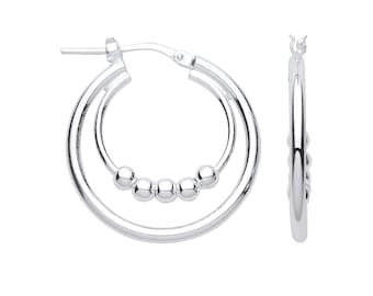 925 Sterling Silver 24mm Double Hoop With Suspended Beads Earrings