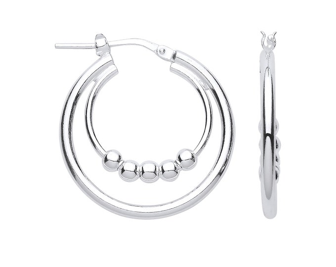 925 Sterling Silver 24mm Double Hoop With Suspended Beads Earrings