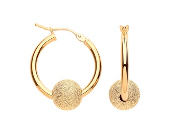 9ct Gold 17mm Hoop Earrings With Suspended Glitter Bead Ball - Real 9K Gold