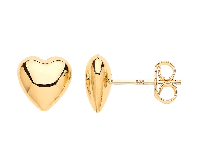 9ct Yellow Gold 3D Domed Polished Heart Stud Earrings 8x8mm - Real 9K Gold