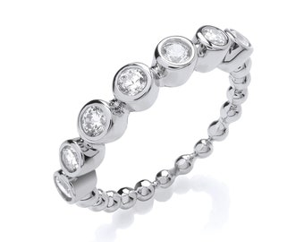 Ladies 925 Sterling Silver 2.5mm Bobble Bead Ribbed Ring With Bezel Cz Stones