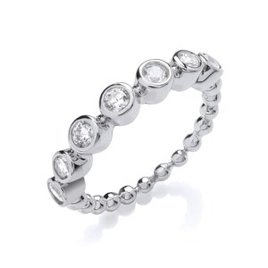 Ladies 925 Sterling Silver 2.5mm Bobble Bead Ribbed Ring With Bezel Cz Stones