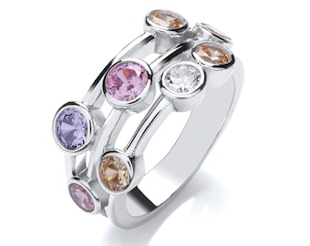 Contemporary 3 Row Bezel Rubover Set Multi Colour Cz Ring 925 Sterling Silver