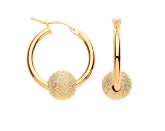 9ct Yellow Gold 18mm Glitter Ball Hoop Earrings - Real 9K Gold