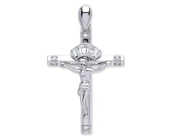9ct White Gold 2.5cm Jesus Baguette Cz Halo Crucifix Holy Cross Pendant - Real 9K Gold