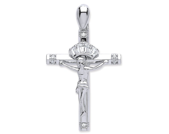 9ct White Gold 2.5cm Jesus Baguette Cz Halo Crucifix Holy Cross Pendant - Real 9K Gold