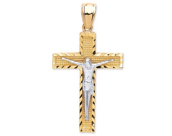 Contemporary 9ct 2 Colour Gold 2.8cm Flat Crucifix Pendant Hallmarked - Real 9K Gold