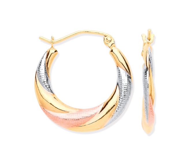 9ct Tri Colour Yellow White Rose Gold 12mm Twisted Creole Hoop Earrings - Real 9K Gold