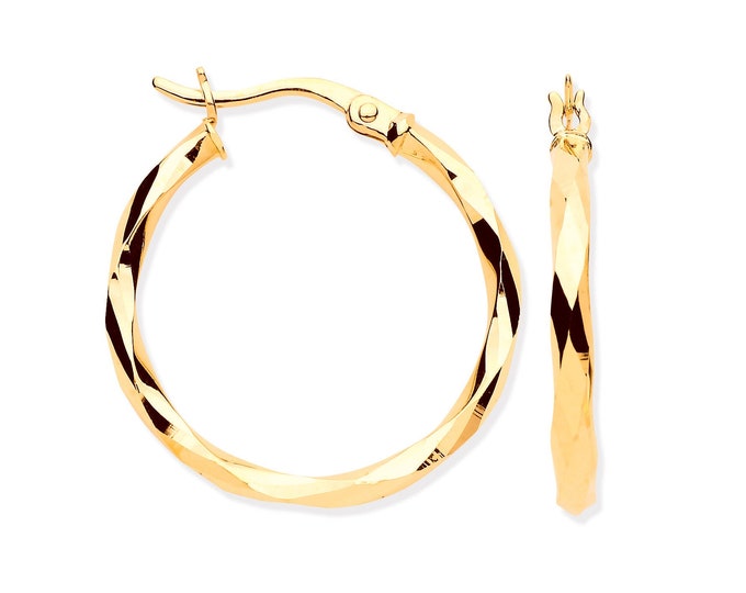 9ct Yellow Gold 20mm Faceted Hollow Hoop Earrings - Real 9K Gold