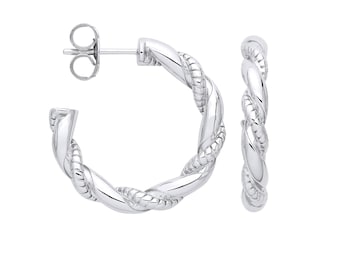 925 Sterling Silver 2.4cm Diameter Twisted Plain & Ribbed Hoop Earrings