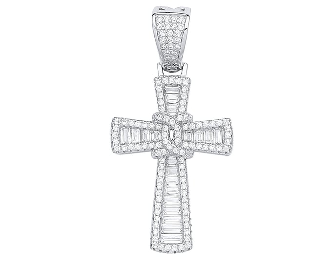 925 Sterling Silver 4cm Baguette Cz Twisted Knot Cross Pendant