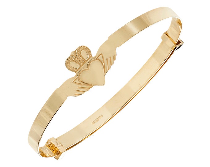 9ct Yellow Gold Babies Expandable 3mm Claddagh Bangle Hallmarked - Real 9K Gold