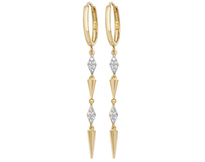 9ct Yellow Gold Hinged Hoop Geometric Diamond Art Deco 4cm Drop Earrings - Real 9K Gold