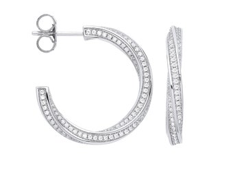 925 Sterling Silver 2.4cm Diameter Pave Cz Twisted Hoop Earrings