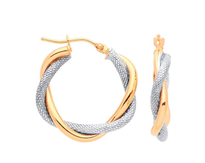 9ct Yellow & White 2 Colour Gold 15mm Twisted Tube Hollow Hoop Earrings - Real 9K Gold