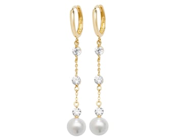 9ct Yellow Gold Hinged Hoop With White Pearl & Cz Chain 4cm Drop Earrings Hallmarked - Real 9K Gold