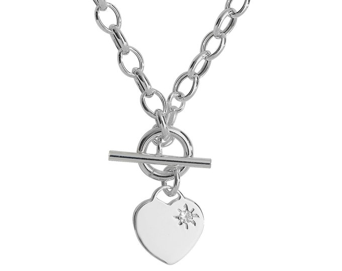 925 Sterling Silver 14mm Heart Tag Cz Charm T-Bar 17" Albert Chain Necklace Hallmarked