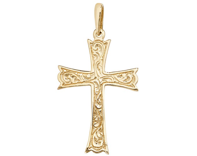 9ct Yellow Gold Medieval Embossed Design Cross Pendant 30x20mm Hallmarked - Real 9K Gold