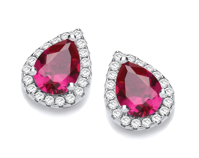 Rhodium Plated 925 Sterling Silver Cz Ruby Teardrop Cluster Stud Earrings