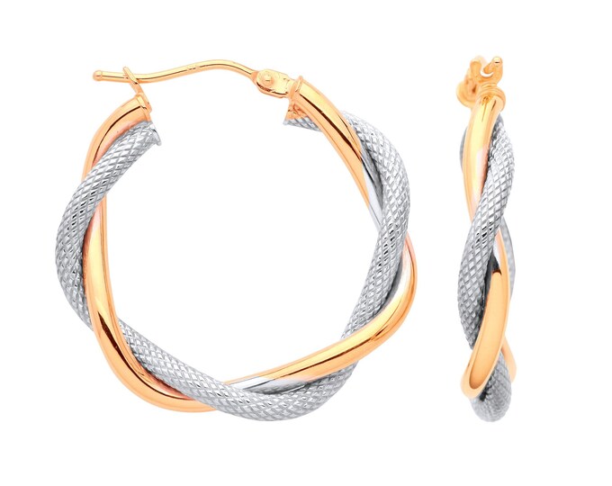9ct Yellow & White 2 Colour Gold 20mm Twisted Tube Hollow Hoop Earrings - Real 9K Gold