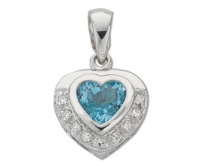 9ct White Gold 1 Carat Blue Heart Topaz Pendant With Diamond Surround - Real 9K Gold