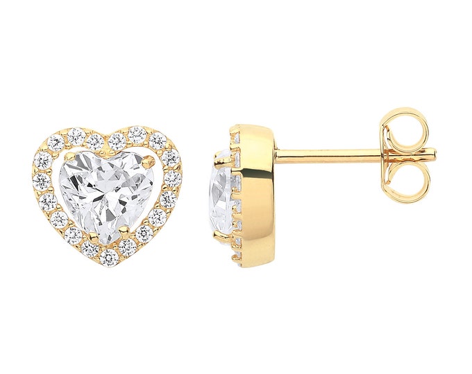 9ct Yellow Gold Heart Cut Cz Halo Cluster 9mm Stud Earrings - Real 9K Gold