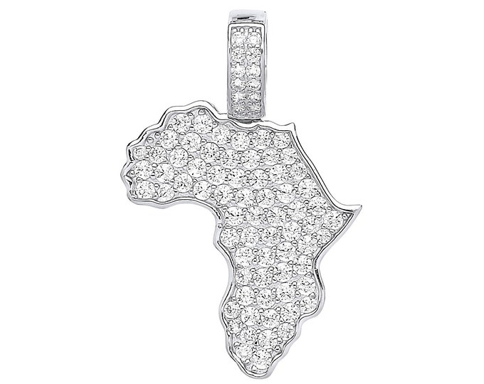 925 Sterling Silver Pave Set Cz Map of Africa Pendant 3.8cm x 2.5cm