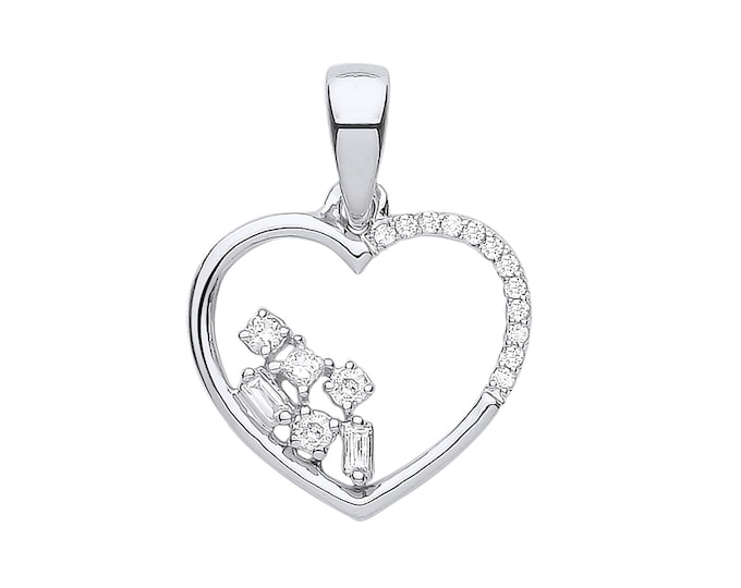 9ct White Gold Baguette & Round 0.10ct Diamond Heart Pendant Hallmarked 18x12mm - Real 9K Gold