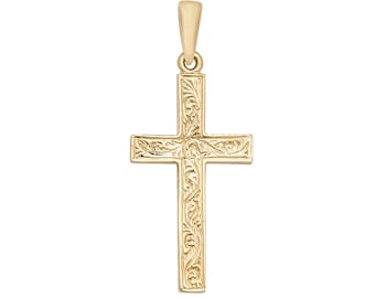 Solid 9ct Yellow Gold Medieval Embossed Scroll 3cm Cross Pendant Necklace Hallmarked - Real 9K Gold