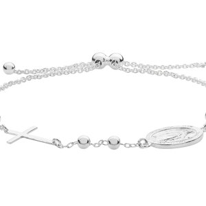 925 Sterling Silver 7&quot; Rosary Bead Toggle Bracelet With Cross & Miraculous Madonna