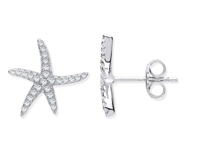 925 Sterling Silver Cz Pave Set 10mm Starfish Stud Earrings