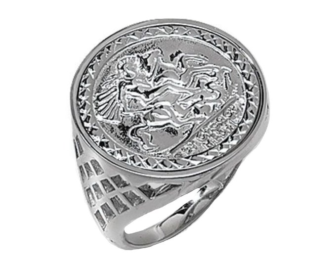 St George & Dragon 925 Sterling Silver Sovereign Coin Ring with Basket Sides