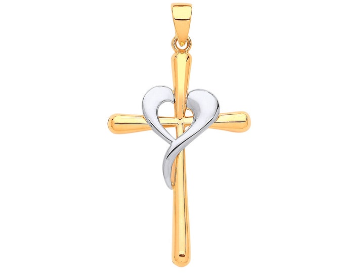 Modern 9ct 2 Colour Gold 3.5cm Cross Heart Hollow Back Pendant Hallmarked - Real 9K Gold