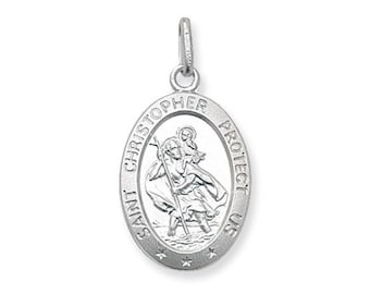 Saint Christopher Protect Us 15x10mm Oval Medallion Charm Pendant 925 Sterling Silver