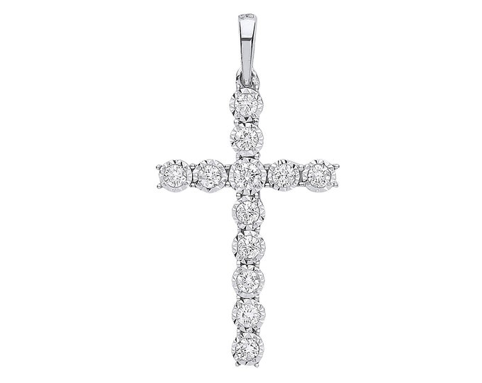 9K White Gold 0.27ct Diamond Illusion Set Cross Charm Pendant - Real 9K Gold