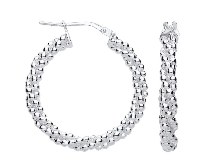 925 Sterling Silver 28mm Diameter Twisted Beaded Hoop Earrings