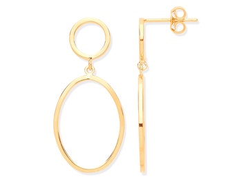 9ct Yellow Gold Open Circle & Oval Link 2.5cm Drop Earrings - Real 9K Gold