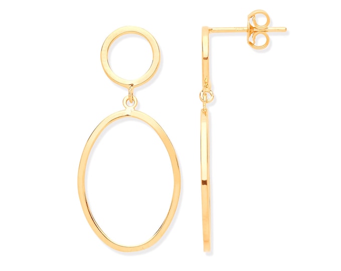 9ct Yellow Gold Open Circle & Oval Link 2.5cm Drop Earrings - Real 9K Gold