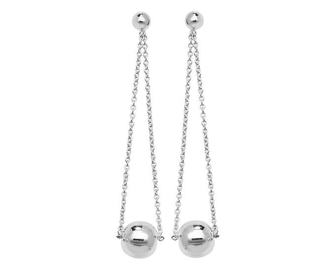 925 Sterling Silver Suspended Polished Ball 5cm Long Chain Drop Earrings