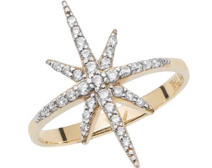 9ct Yellow Gold Eight Pointed Cz Star Ring Hallmarked - Real 9K Gold