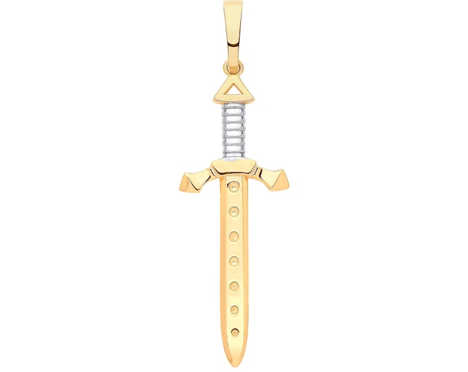 9ct 2 Colour Gold 4.7cm Medieval Highland Claymore Sword Pendant Hallmarked - Real 9K Gold