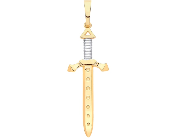 9ct 2 Colour Gold 4.7cm Medieval Highland Claymore Sword Pendant Hallmarked - Real 9K Gold