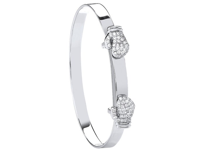 925 Sterling Silver Pave Cz Double Boxing Glove Expandable Baby Identity Bangle