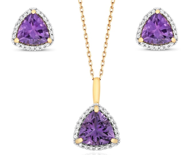 9ct Yellow Gold 0.21ct Diamond Amethyst Trillion Cut Necklace & Stud Earrings Set - Real 9K Gold