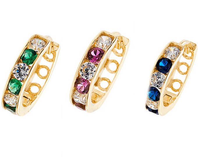 9ct Yellow Gold 10mm Channel Set Cz Hinged Hoop Earrings-Emerald-Sapphire-Ruby - Real 9K Gold