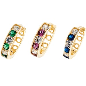 Pair of 9ct Yellow Gold 10mm Channel Set Cz Hinged Hoop Earrings-Emerald-Sapphire-Ruby - Real 9K Gold