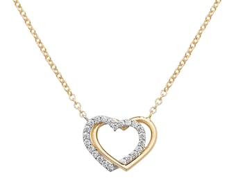 9ct Yellow Gold & Cz Double Linked Hearts on 16"-18" Necklace - Real 9K Gold