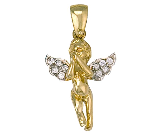 9ct Yellow Gold Cz Cherub Angel Wings Charm Pendant 3.0g Hallmarked