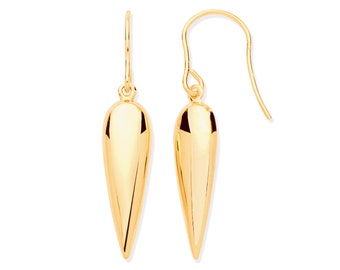 Modern 9ct Yellow Gold Elongated 3.4cm Hollow Teardrop Hook Earrings - Real 9K Gold