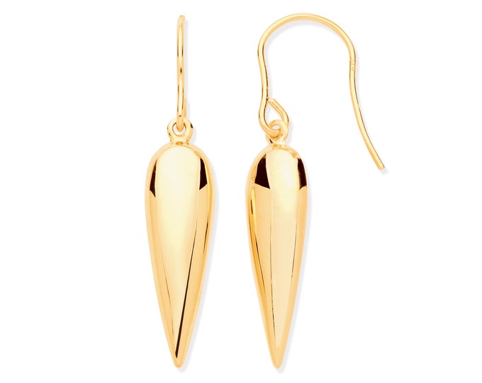 Modern 9ct Yellow Gold Elongated 3.4cm Hollow Teardrop Hook Earrings - Real 9K Gold